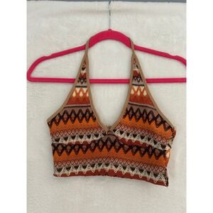 SHEIN Knit Halter Crop Top Orange Geometric Chevron Boho Festival Small